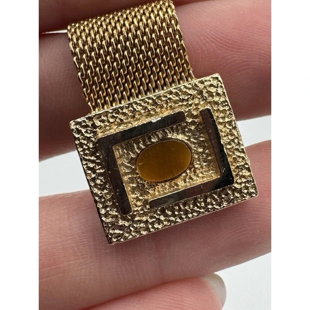 Vintage Dante Tiger Eye Cufflinks & Tie Chain Set Gold Tone Mesh Wrap